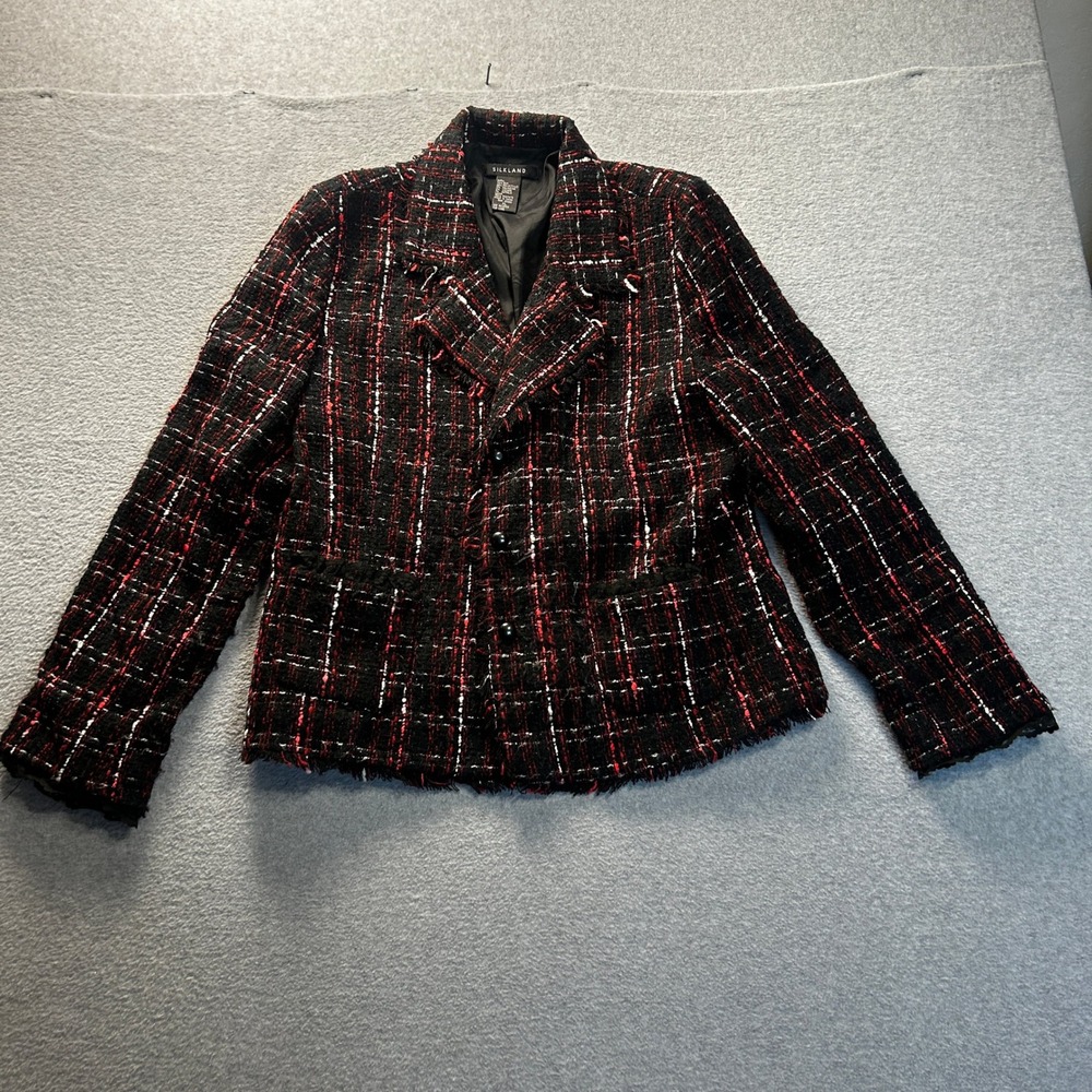 Tweed‎ Blazer Womens XL Black Red Metallic Boucle Silk Career Jacket Silkland